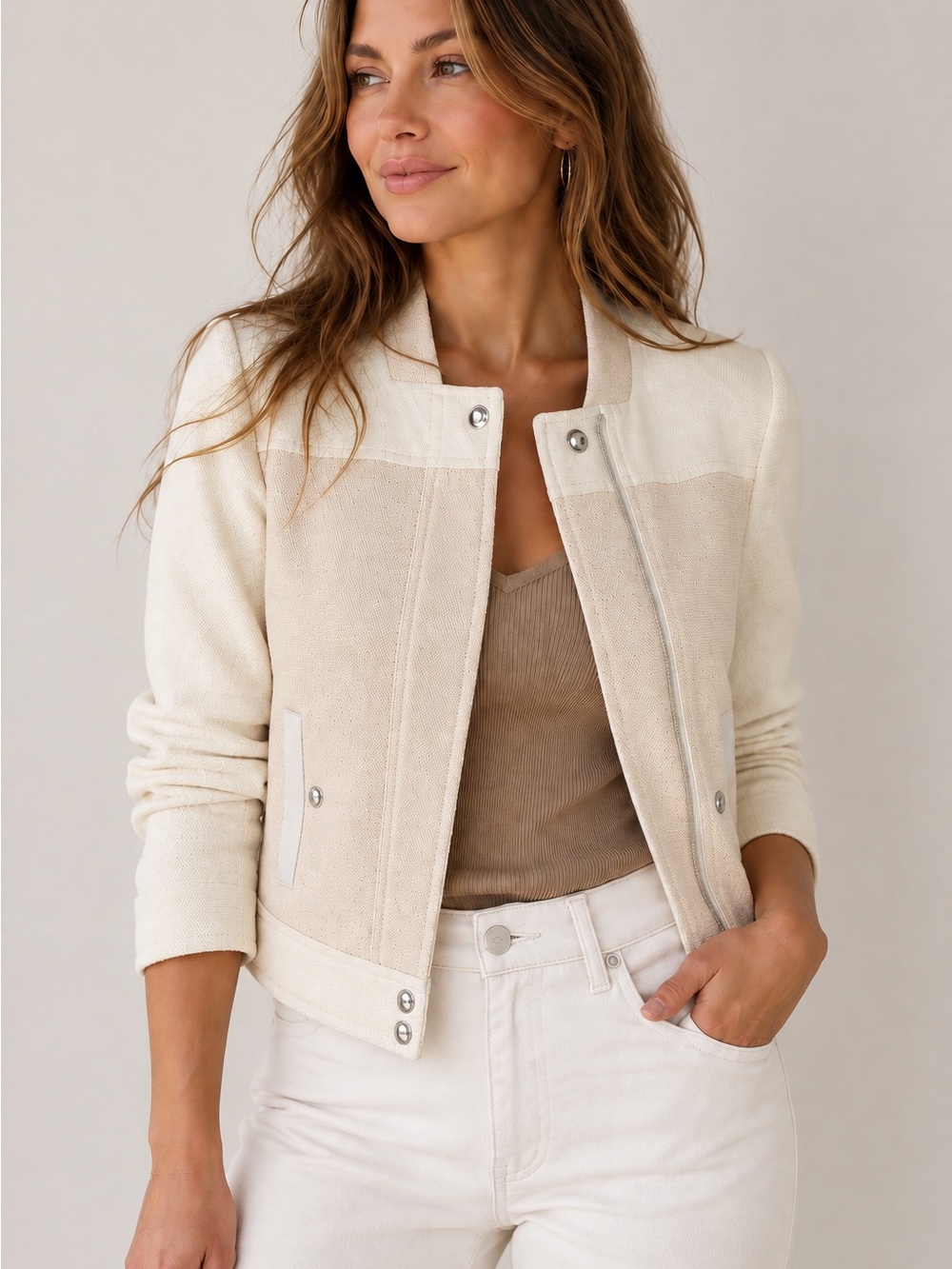 Banana Republic Ivory Textured Zip Front Jacket